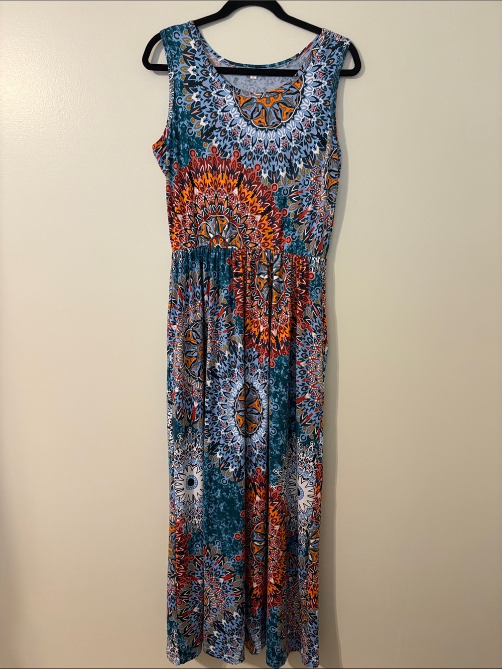 Sleeveless Multicolor Boho Maxi Dress - Blue/Orange Pattern - Picture 1 of 2